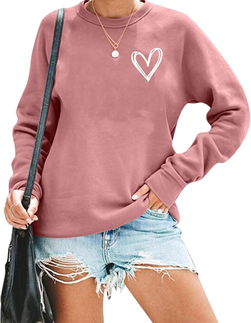 HAJIEXY Valentines Day Sweatshirt Womens Cute Love Heart Graphic Print Pullover Casual O Neck Val... | Amazon (US)