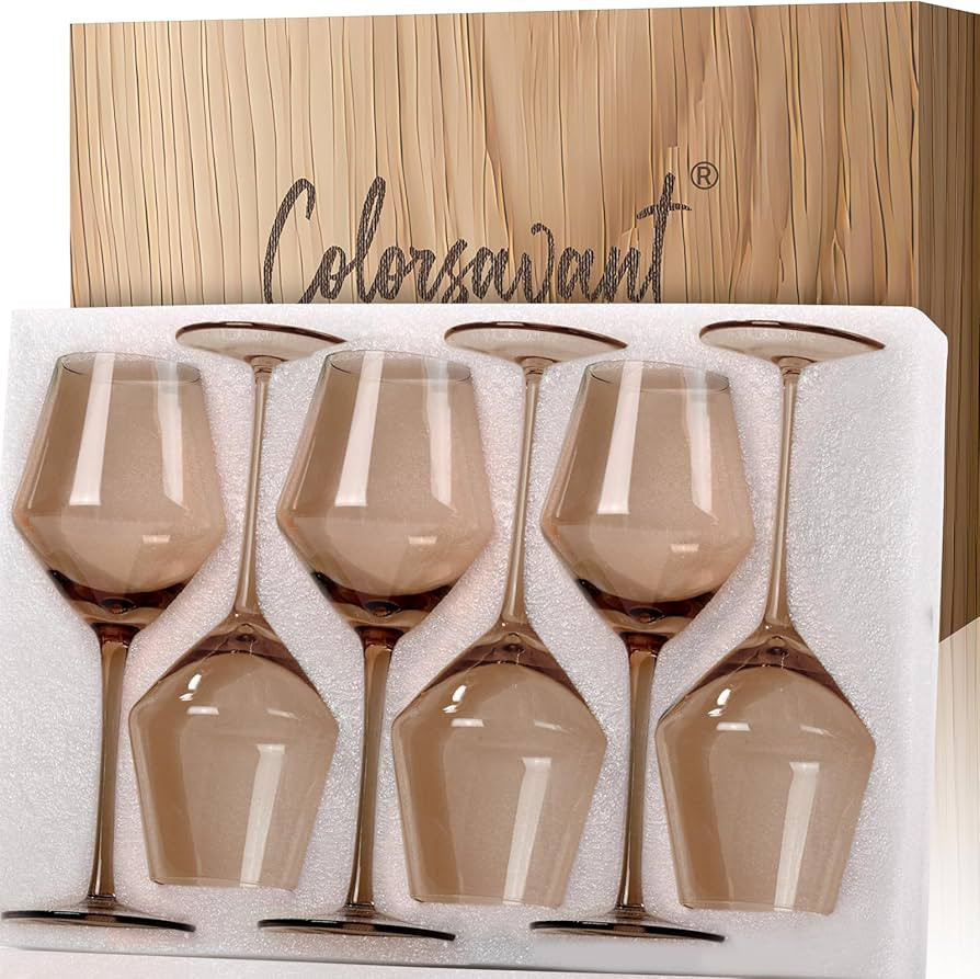 Smokey Sand Wine Glasses Set 6-16oz, Long Stem, Universal Size for White and Red Wine - Hand Blow... | Amazon (US)