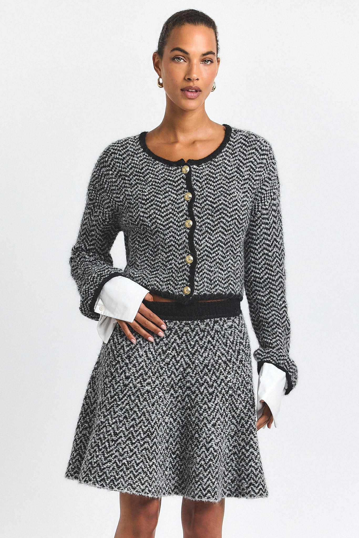 Imogen Herringbone Knit Mini Skirt - Ivory-Black | Derek Lam