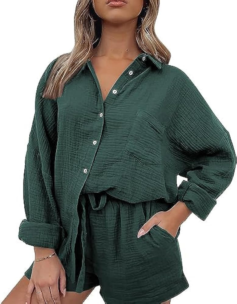 Allonly Womens 2 Piece Outfits Pajama Sets Long Sleeve Button Down Oversized Lounge Tracksuit Set... | Amazon (US)