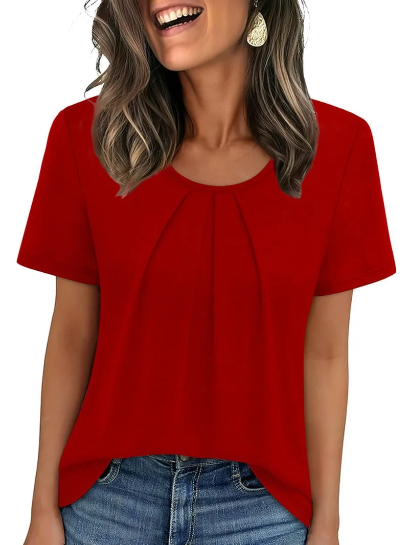 Ronuti Women T Shirts Pleated Short Sleeve Tops Business Casual Dressy Blouses Red Tops | Walmart (US)