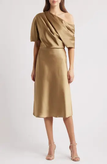 One-Shoulder Fluid Satin Cocktail Midi Dress | Nordstrom