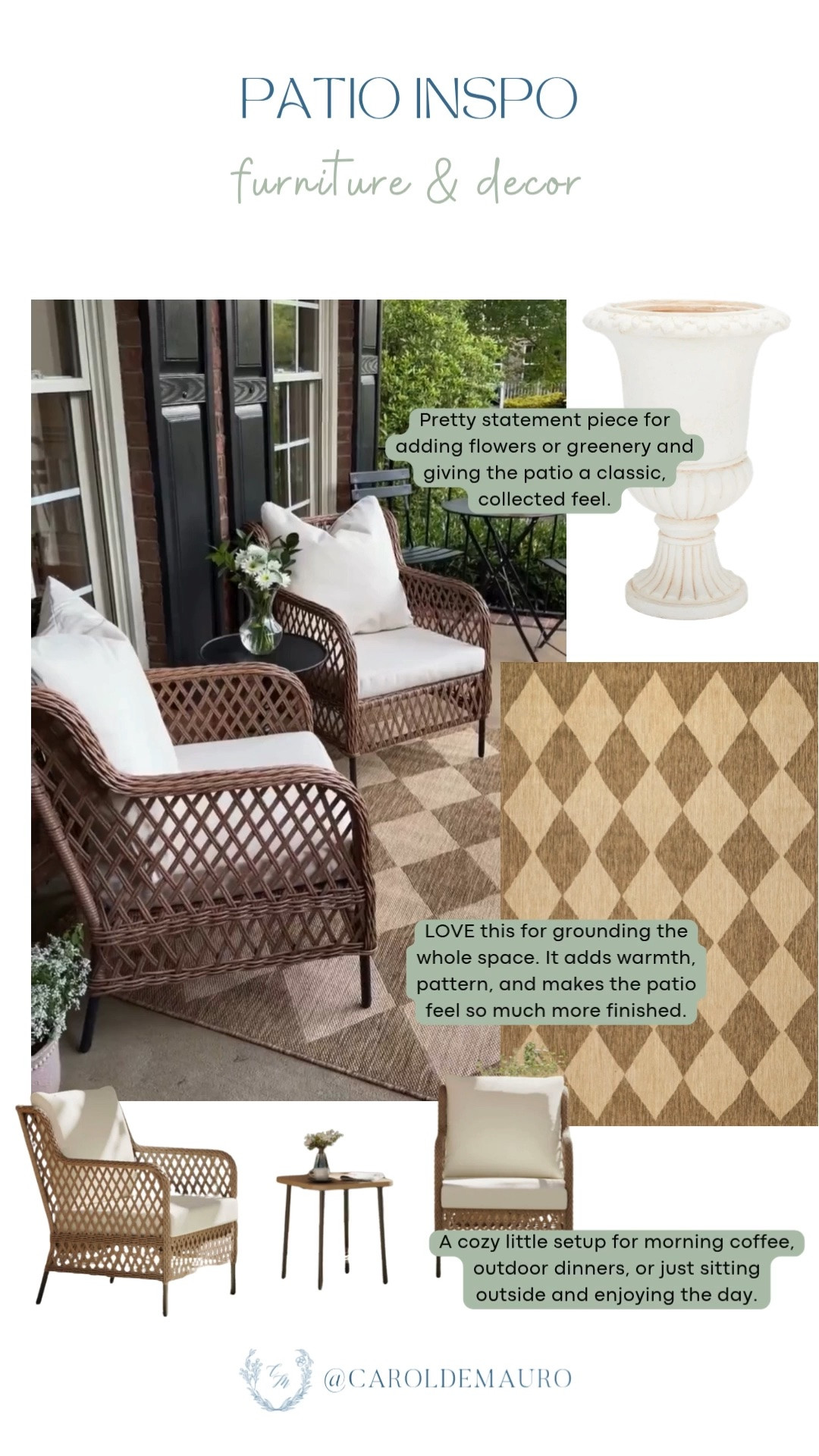Woven chairs, a diamond patterned rug, and a classic urn planter make this patio feel so warm and inviting. Perfect for morning coffee or evenings outside.

patio furniture, outdoor decor ideas, woven patio chairs, outdoor rug decor, front porch styling, patio decor essentials, outdoor seating inspo, backyard decor

#LTKHome