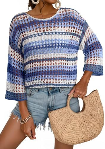Dokotoo Womens Spring Summer 3/4 Sleeve Crochet Sweater Hollow Out Color Block Striped Tops Casua... | Amazon (US)