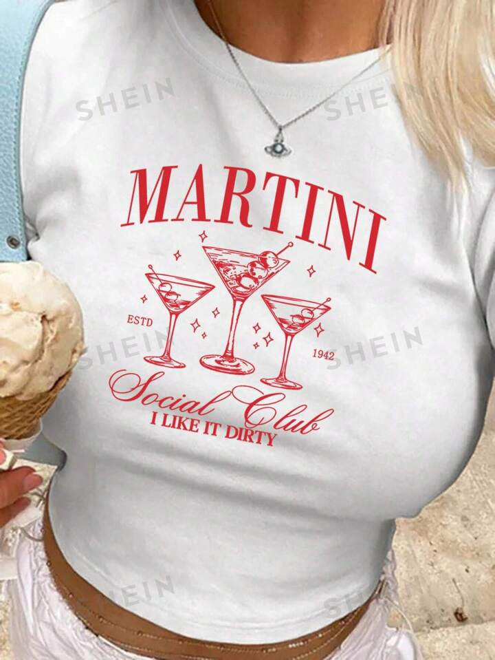 SHEIN EZwear Women's Summer White Cocktail Martini Short Sleeve Cropped T-Shirt | SHEIN USA | SHEIN