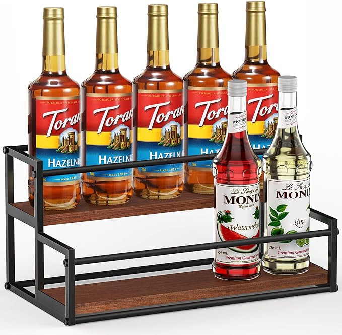 THYGIFTREE Coffee Syrup Rack Organizer 2-Tier 10 Syrup Bottles Holder Stand Metal with Wood Base ... | Amazon (US)
