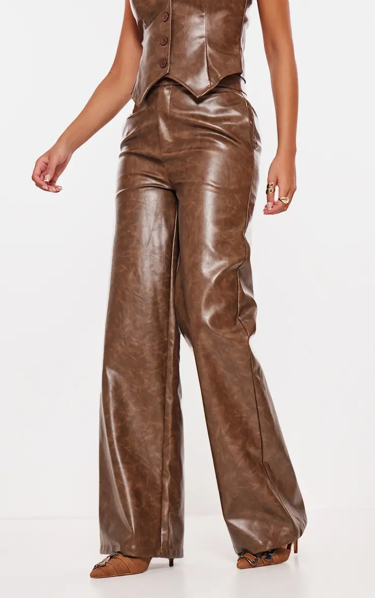Chocolate Faux Leather Wide Leg Pants Co-ord | PrettyLittleThing USA | PrettyLittleThing US