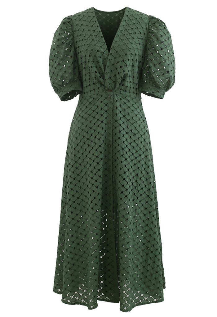 Twist V-Neck Buttoned Eyelet Dress in Green | Chicwish