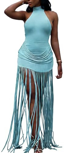 Women Halter Fringe Taseels Long Dresses Sleveless Elegant Sexy Formal Evening Party Club Maxi Dress (US, Alpha, Large, Regular, Regular, Blue) | Amazon (US)