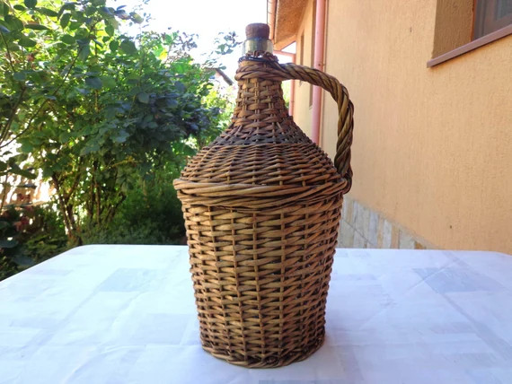 5500 ml. Antique Vintage Wicker WINE Demijohn Bottle With Handle and original stopper. 1960s | Etsy (US)