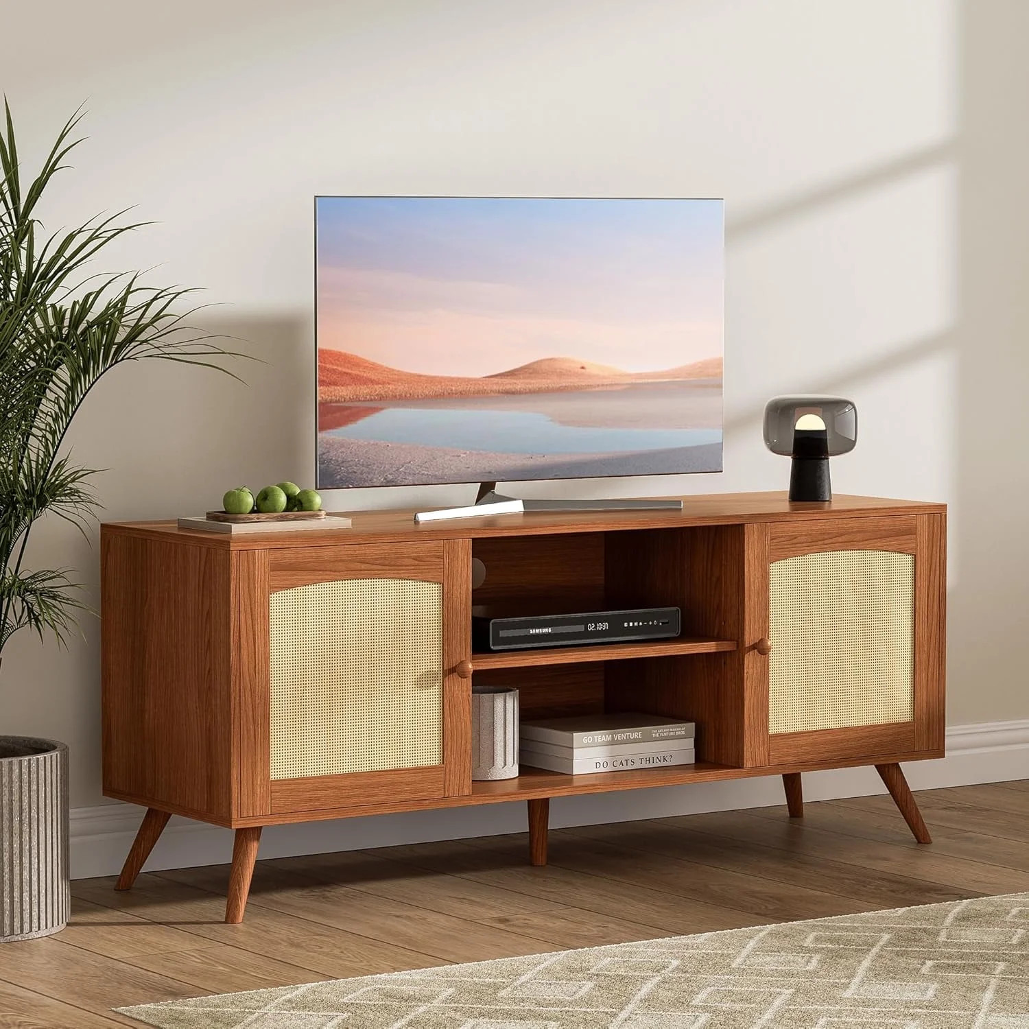 DIYART Brown Rattan TV Stand for 60 Inch TV, Wooden Mid Century Modern Entertainment Center with ... | Walmart (US)