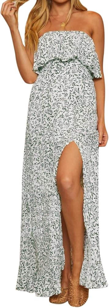 STYLE DOME Strapless Dresses for Women Off The Shoulder Maxi Long Ruffle Boho Summer Sexy Casual ... | Amazon (US)