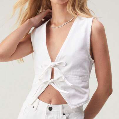 Women Sexy Denim Vest Deep V Neck Tie Up Front Sleeveless Jean Tank Top Low Cut Tight Fit Fashion Cropped Vest | SHEIN