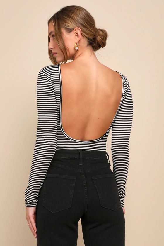 Favorable Cutie Black and White Striped Backless Bodysuit | Lulus
