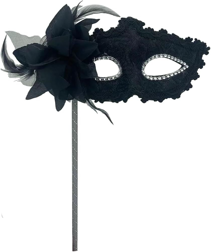 AZYOUNG Women's Masquerade Masks Side Feather Flower Petal Hand Held Lace Mask with Stick | Amazon (US)