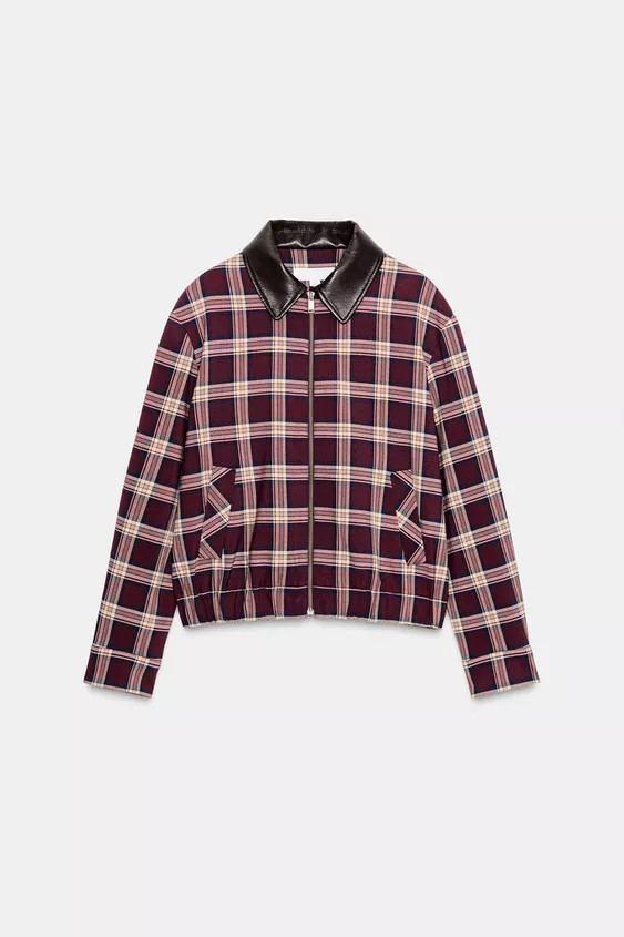 CHECKED BOMBER JACKET WITH leather effect LAPEL | Zara AU