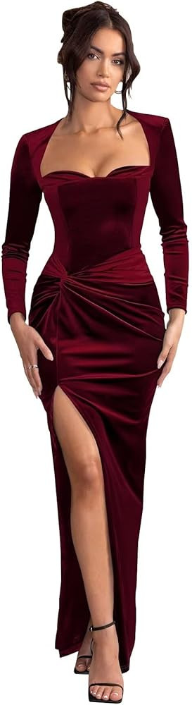 Long Sleeve Bridesmaid Dress 2025 High Split Velvet Maxi Formal Evening Dress VS115 | Amazon (US)