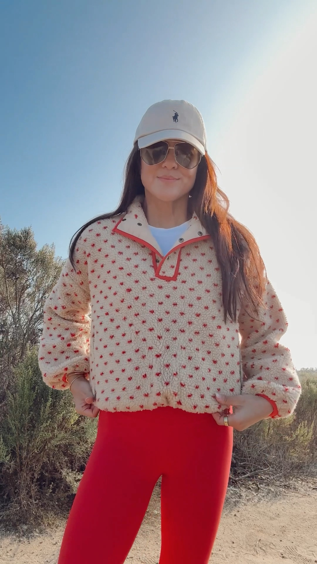 Weekend activewear. Fleece pullover. Red leggings. Fp movement. Pilates outfit 