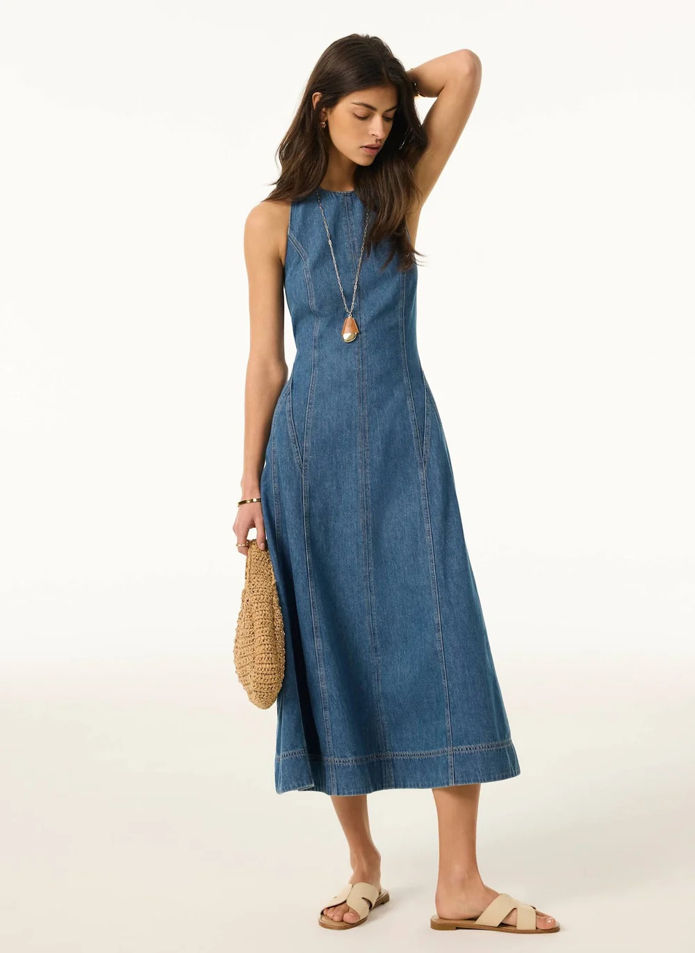 Mid Indigo Denim Halter Midi Dress | Mint Velvet