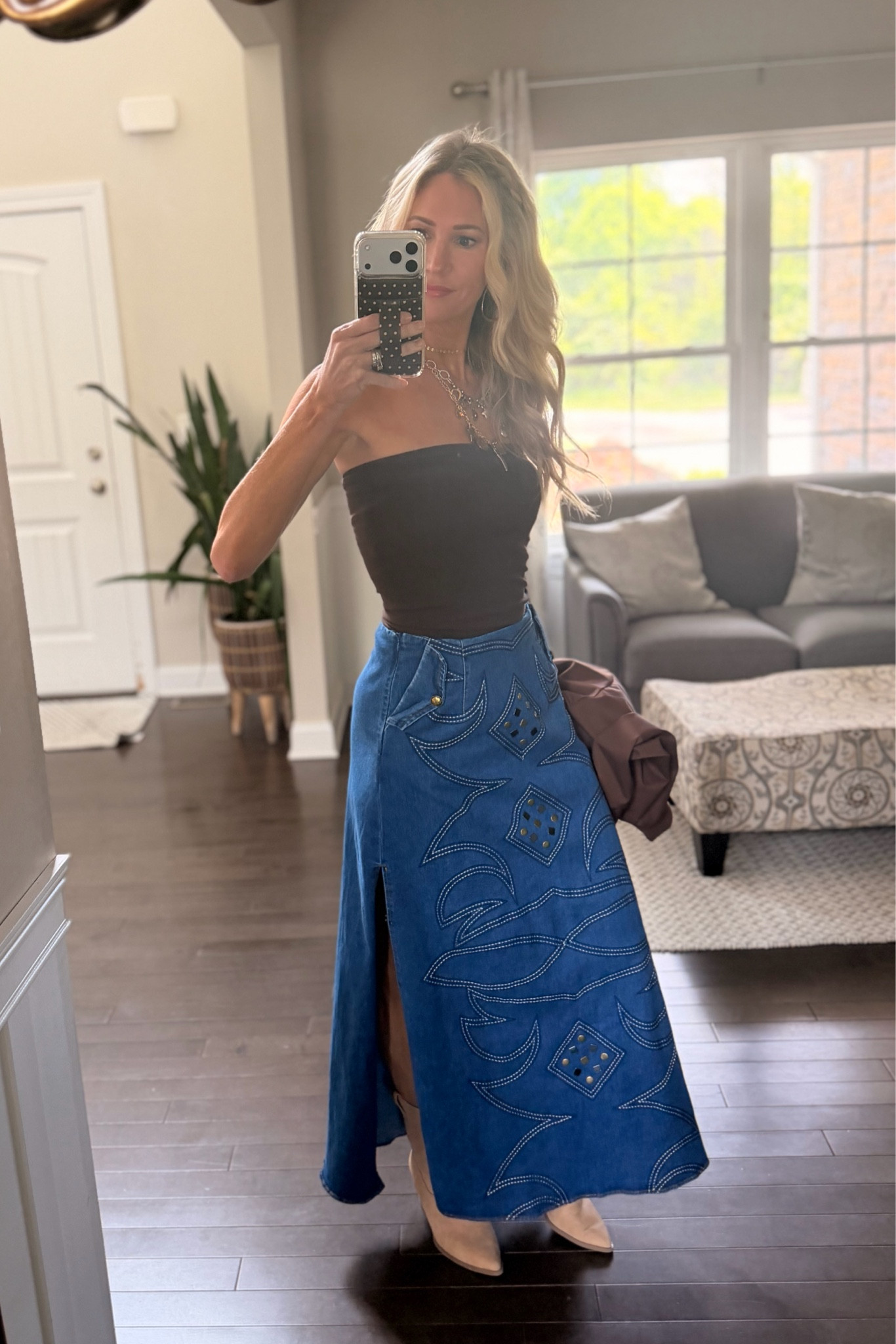 Denim skirt western vibes outfit with strapless top and country cowboy denim maxi skirt ✨ #denim #western #country 

#LTKOver40 #LTKootd #LTKTall