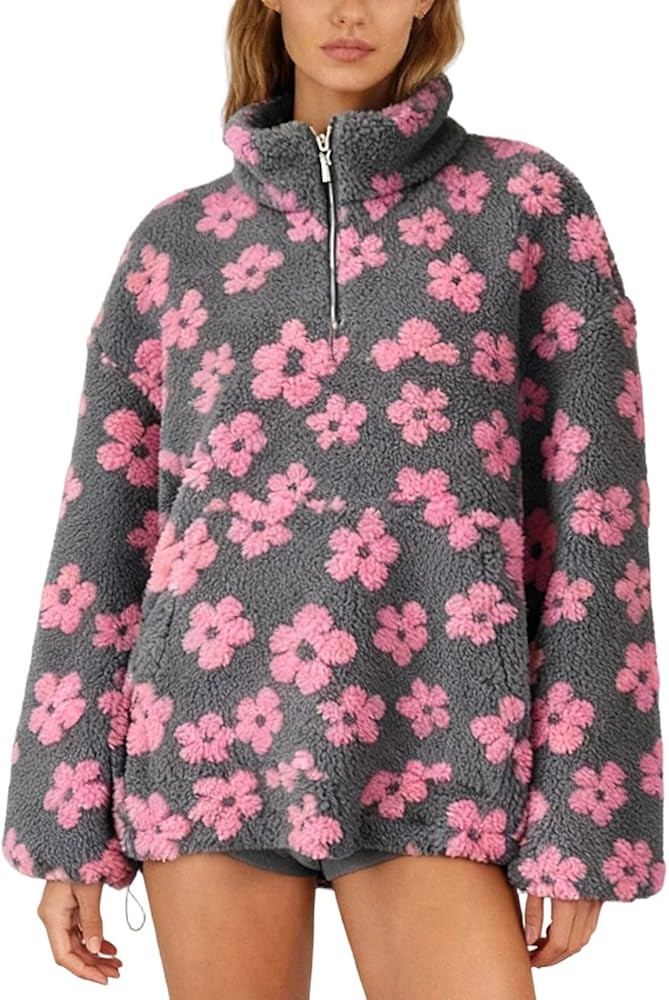 Women's Fall Cute Floral Faux Fur Pullover Fleece Sweatshirt Y2k Casual Zip Up Winter Sherpa Jack... | Amazon (US)