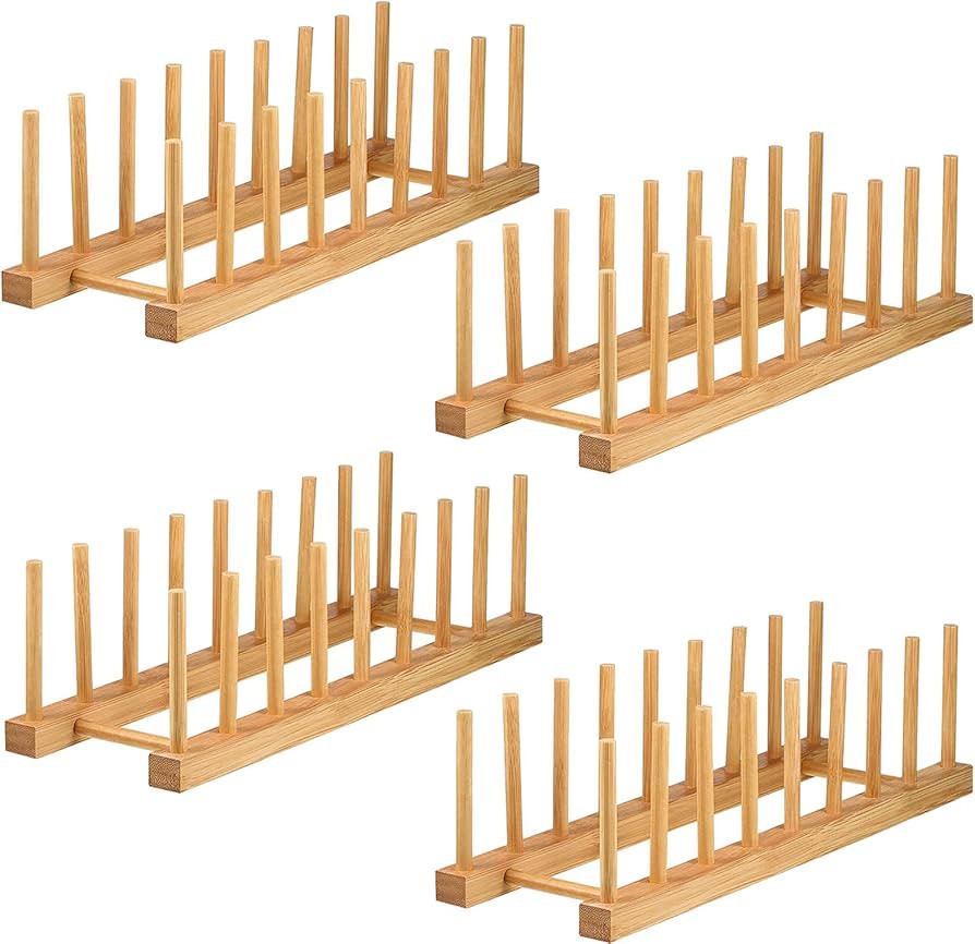 Lawei 4 Pack Bamboo Dish Drying Rack, Plate Rack Stand Pot Lid Holder, Dish Organizer Rack for Pl... | Amazon (CA)