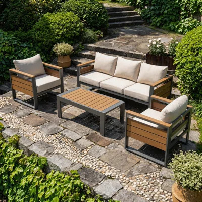 Aluminum Patio Furniture Set, 5-person Outdoor Sectional Sofa With Coffee Table, Shiny Powder Coated Patio Conversation Sets With 5" Thick Cushion & W | Wayfair North America