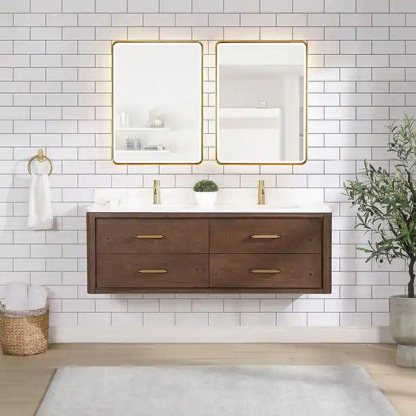 Cristo Floating Bath Vanity with White Quartz Stone Top without Mirror - 60 in. - Dark Brown Oak | Bed Bath & Beyond