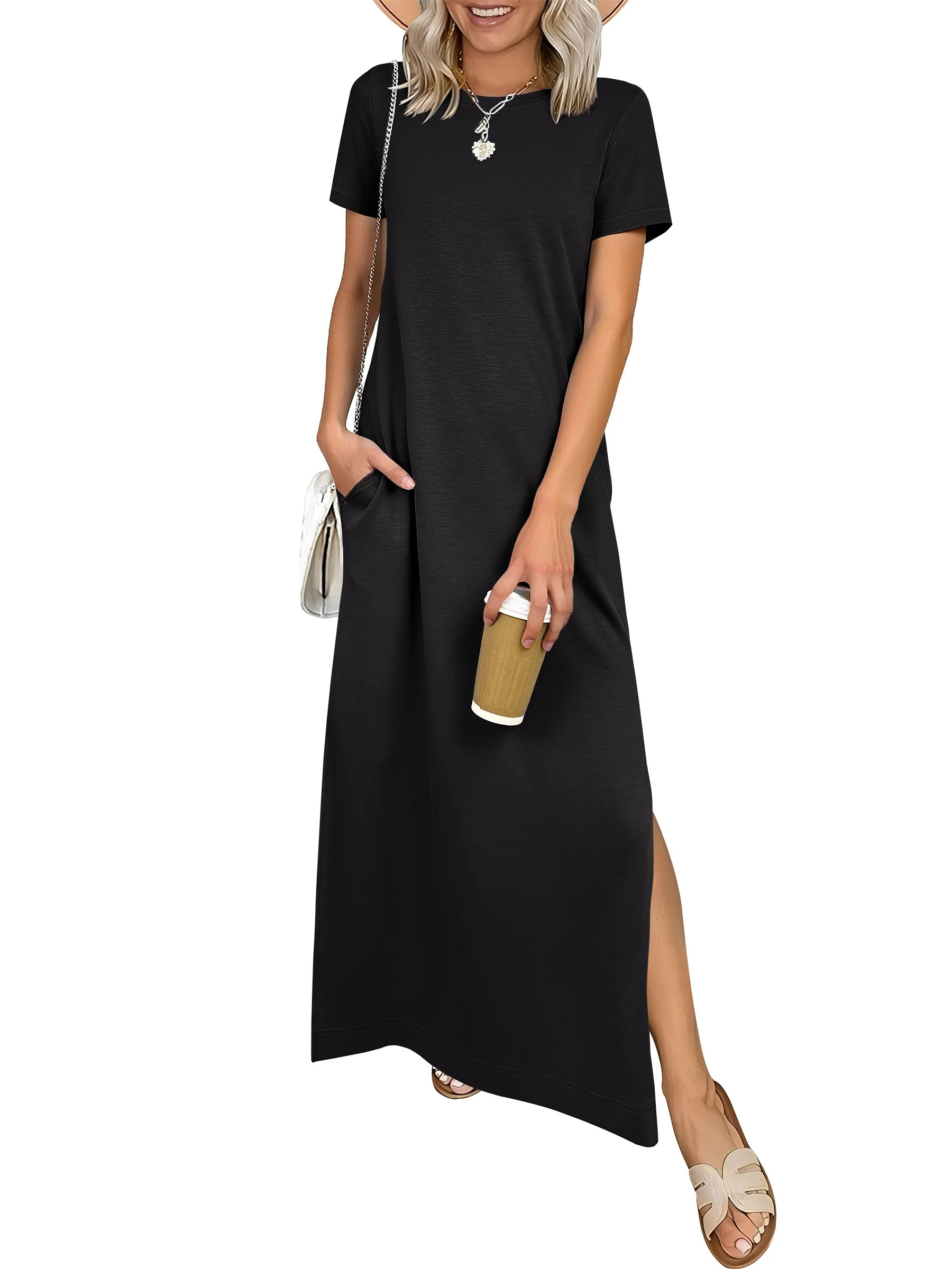 ANRABESS Womens Summer Casual Maxi Dress Short Sleeve Crewneck Split Wrinkle-Free Travel Long Sun... | Walmart (US)