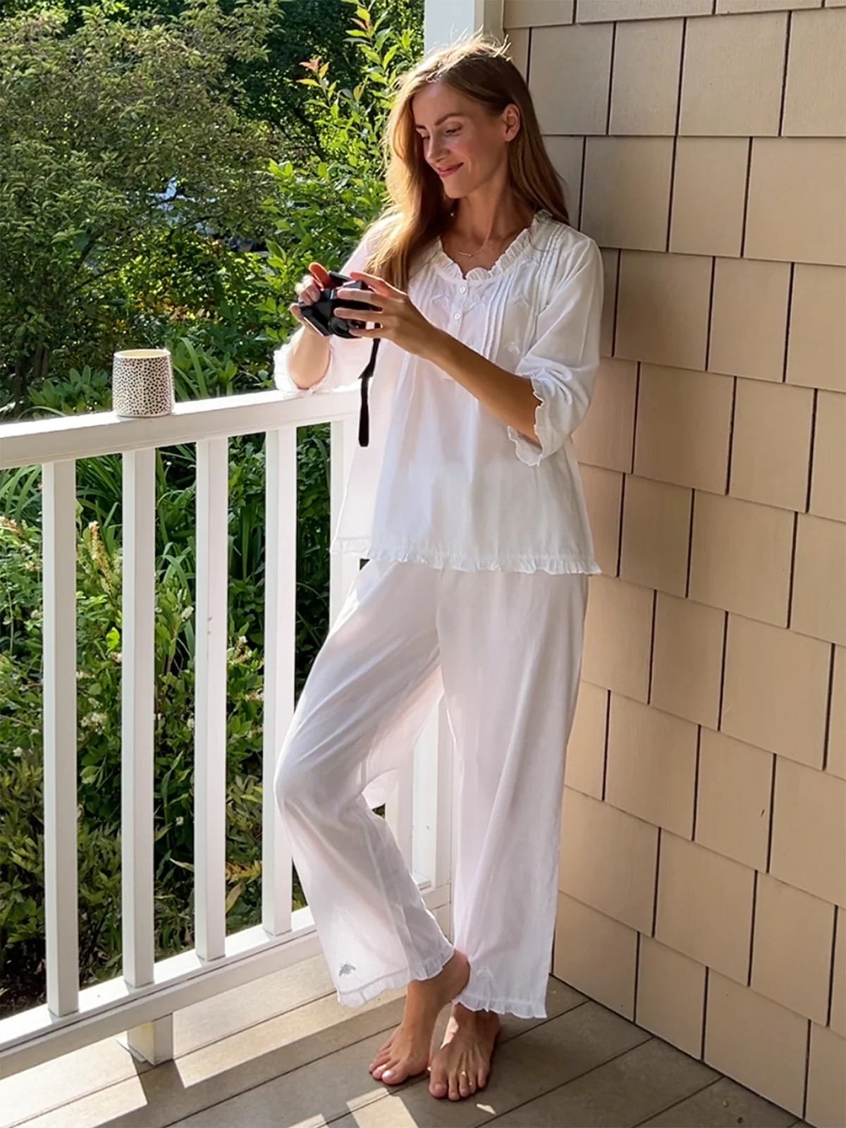 Caroline White Cotton Pajamas, Embroidered Napoleon Bees, Ruffle Trim | Jacaranda Living