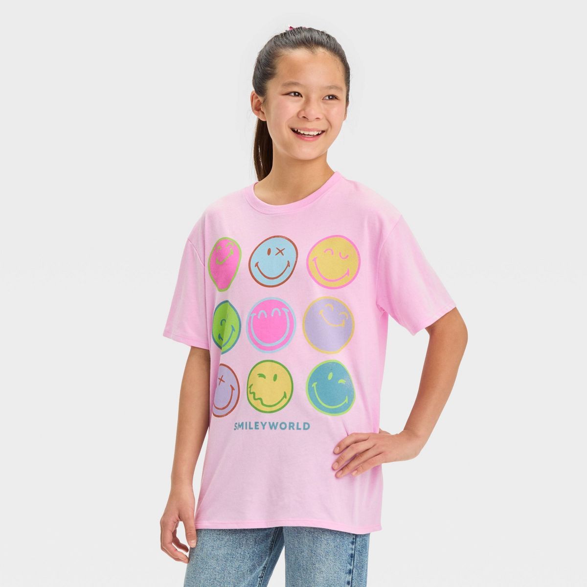 Girls' Short Sleeve Oversized Smiley Face Graphic T-Shirt - art class™ Light Purple | Target