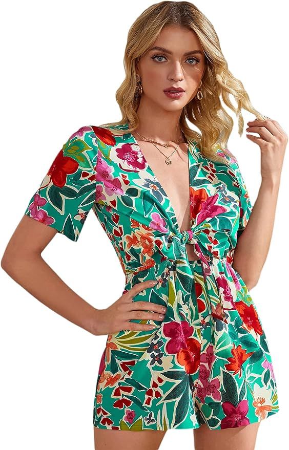 Romwe Women's Casual Floral Short Sleeve V Neck Bow Front Boho Romper Short Jumpsuit | Amazon (US)