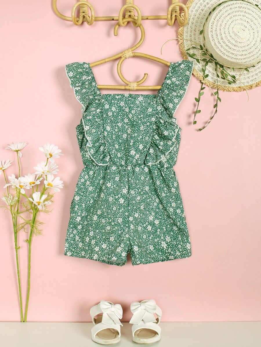 Toddler Girls Ditsy Floral Ruffle Trim Square Neck Romper | SHEIN