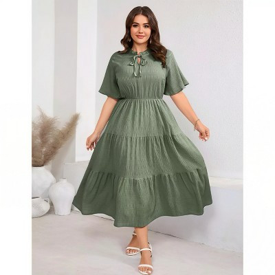 Women's Plus Size Midi Dress with Ruffle Collar and Side Pockets, Casual Flowy Maxi Dress/Green XL | Target