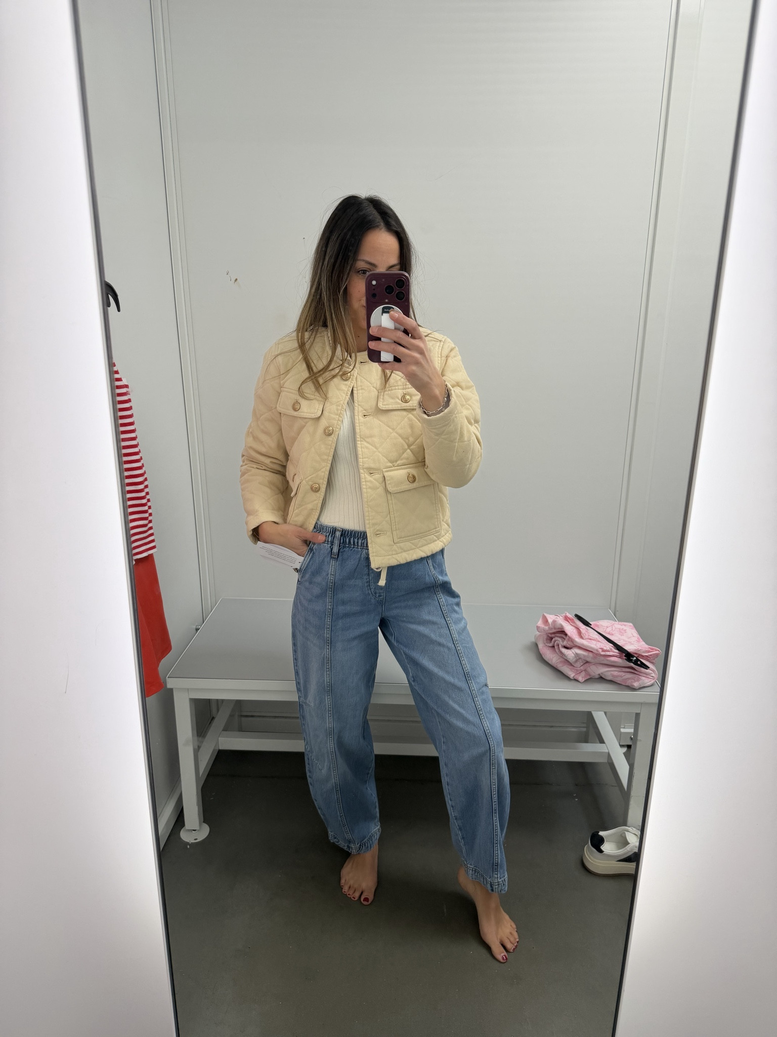 spring jacket. I love the button details & it’s affordable! 

100% cotton 

Beige jacket 
Quilted jacket
Walmart finds
Seashell pieces 
Casual outfit 
Barrel jeans
Chic outfits 
