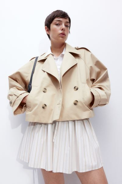 Short Trench Coat - V-neck - Long sleeve - Light beige - Ladies | H&M US | H&M (US + CA)