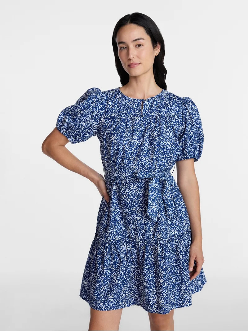 Time and Tru Women's and Women's Plus Cotton Mini Dress with Puff Sleeves, Sizes XS-4X | Walmart (US)