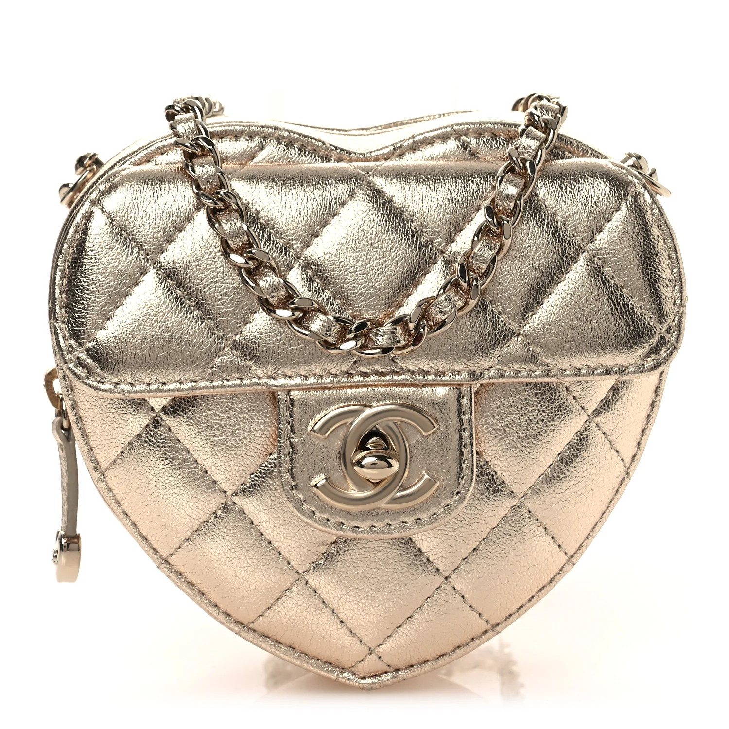 Metallic Lambskin Quilted CC In Love Heart Clutch With Chain Gold | FASHIONPHILE (US)