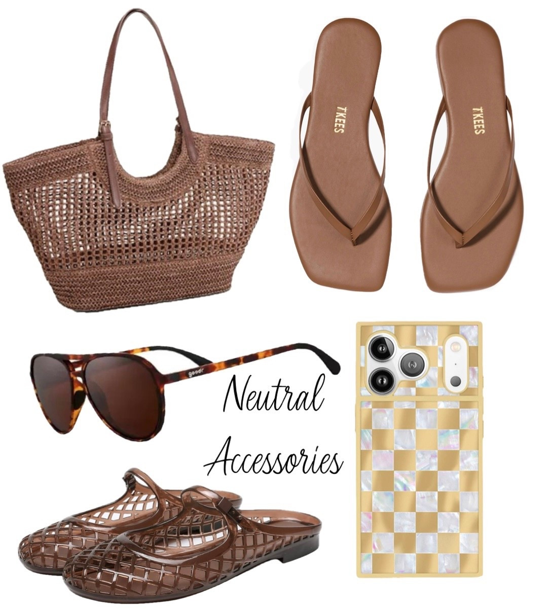 Neutral accessories… brown woven bag, brown sandals, brown, sunglasses, brown jellies, and a gold checkered phone case.

#LTKOver40 #LTKSaleAlert #LTKSwim