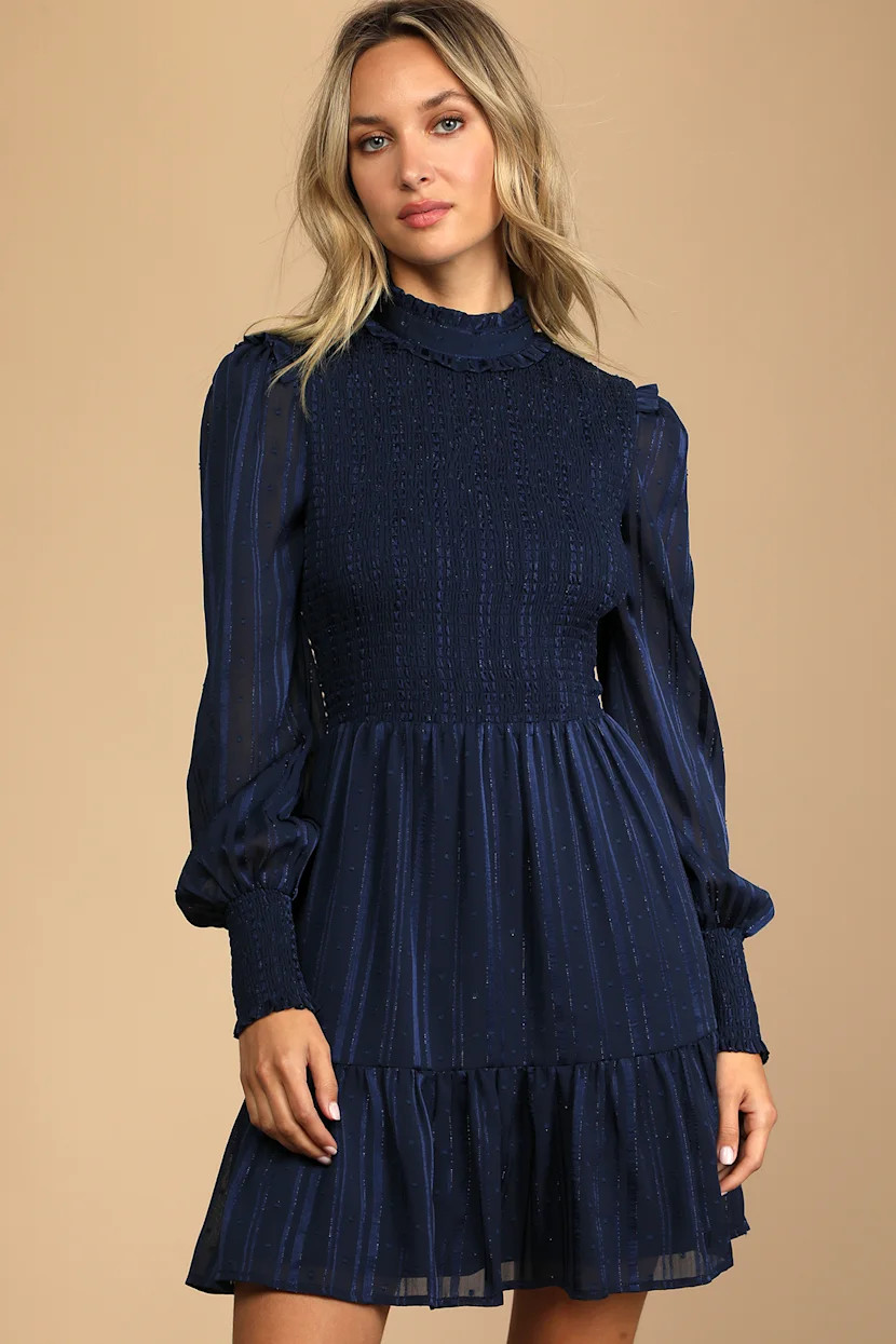 Heartful Romance Navy Striped Smocked Long Sleeve Mini Dress | Lulus