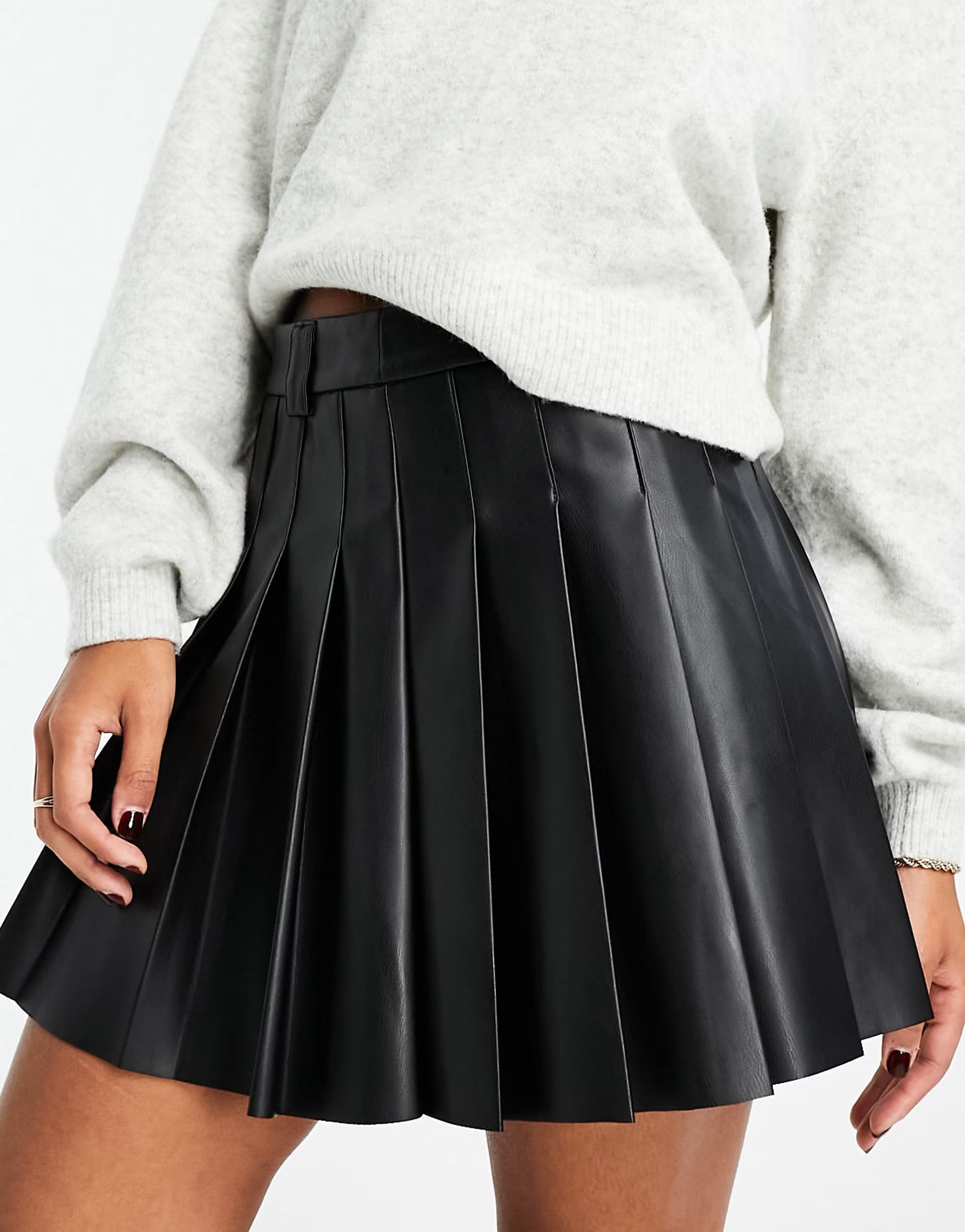 Stradivarius faux leather pleated mini skirt in black | ASOS (Global)