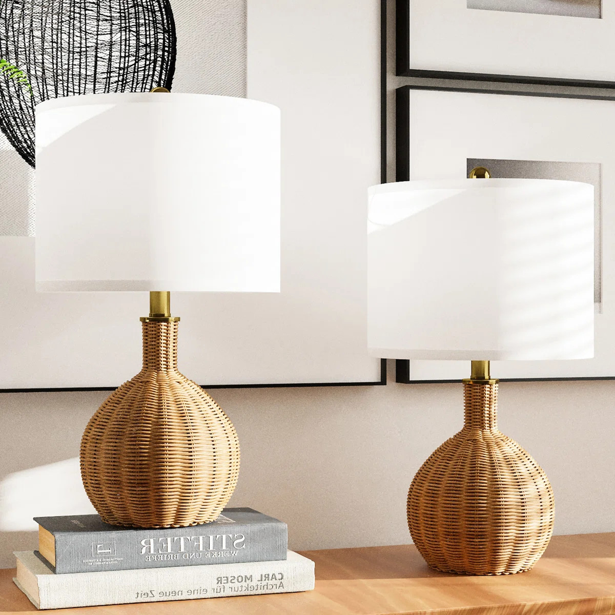 Anson 22'' Farmhouse Coastal Rattan Metal Table Lamp Set with Drum Shade (Set of 2) | Wayfair North America