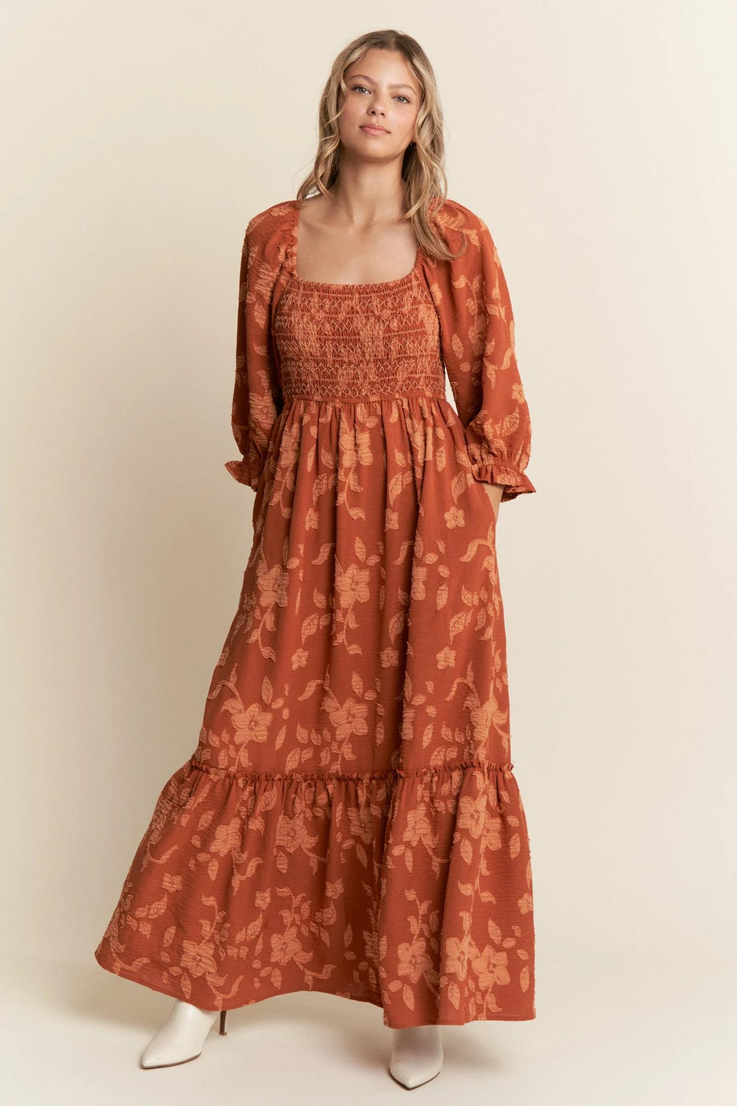 Rust Floral Print Smocked Bodice Maxi Dress | PinkBlush Maternity