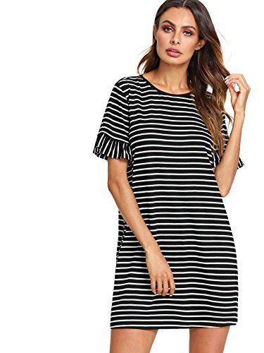 Floerns Women's Striped Short Sleeve Loose Swing T-Shirt Dress Black White XS | Amazon (US)