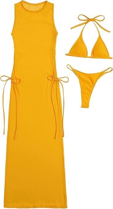 SheIn Women's Sexy 3 Piece Swimsuits Mesh Cover Up Micro Triangle Halter Bikini Set | Amazon (US)