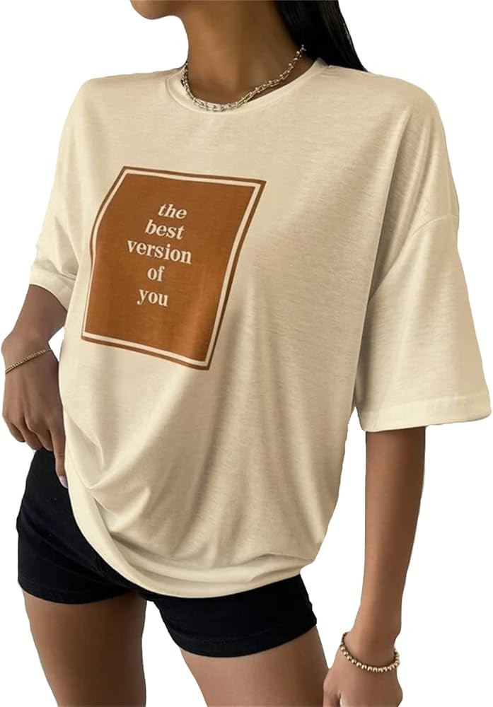 LOFAAC Women Oversized Letter Graphic Print T-Shirt Top Casual Solid Round Neck Short Sleeve Slog... | Amazon (US)