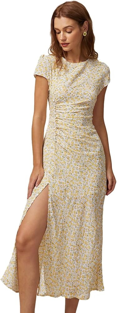 RIHOAS Boho Floral Midi Dress for Women - Round Neck Slit Design, Casual Beach Garden Vacation Su... | Amazon (US)