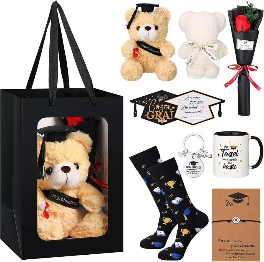 9 Pcs 2024 Graduation Gifts Sets Include Graduation Plush Bear with Black Cap Coffee Mug Keychain... | Amazon (US)