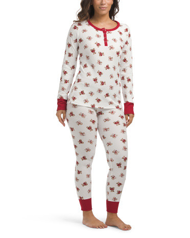 2pc Holiday Bear Mini Waffle Knit Pajama Top And Pants Set | Marshalls