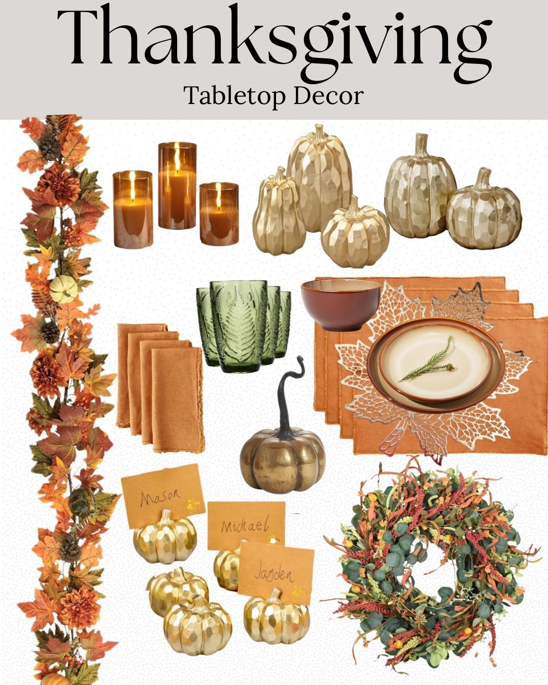 Thanksgiving tabletop ideas that bring warmth and texture to your space! Mix amber glass, gold pumpkins, and cozy orange tones for an easy, welcoming setup that feels festive without being overdone. Perfect for any fall gathering!

#LTKHome #LTKTabletop #LTKSeasonal #LTKHoliday #LTKFallDecor #LTKFinds #LTKUnder100 #LTKHomeDecor

#LTKHoliday #LTKHome
